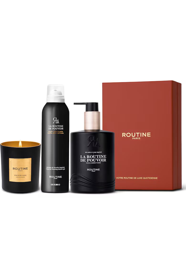 Routine Paris Set Cadou la Routine de Pouvoir - : Spuma de dus 200 ml + Lapte pentru maini si corp 300 ml + Lumanare clasica 165 g