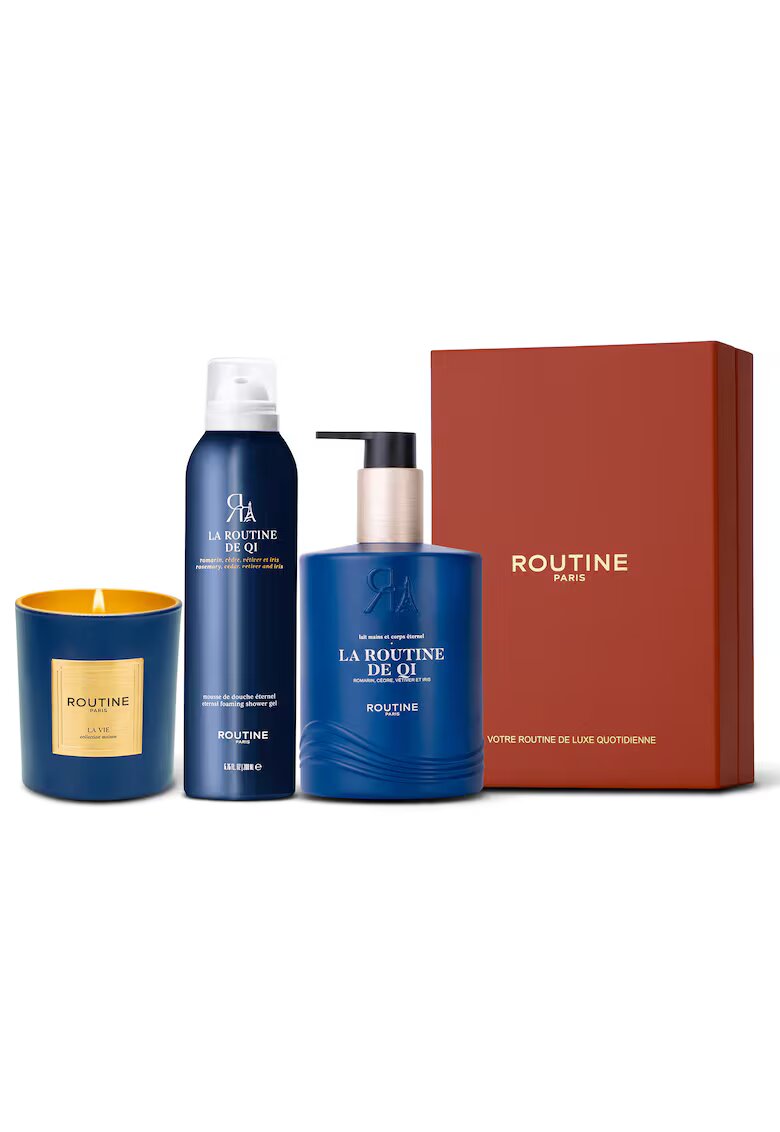 Routine Paris Set Cadou la Routine de Qi - : Spuma de dus 200 ml + Lapte pentru maini si corp 300 ml + Lumanare clasica 165 g