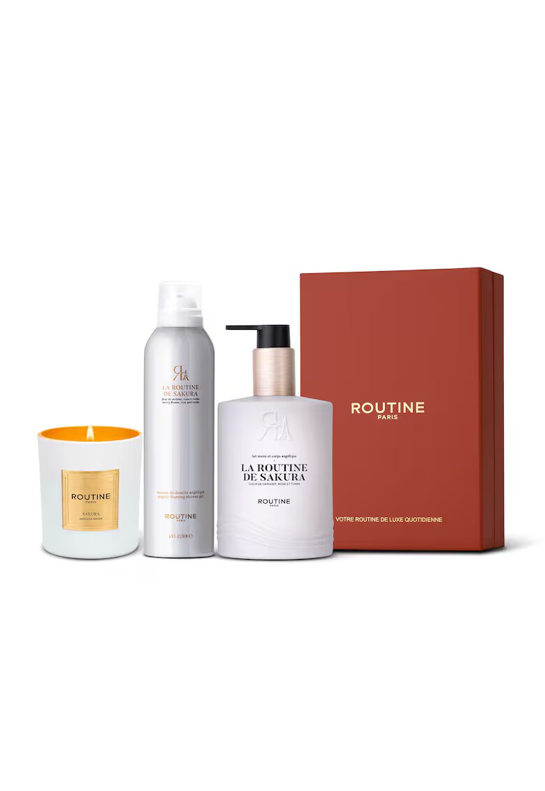 Routine Paris Set Cadou la Routine de Sakura - : Spuma de dus 200 ml + Lapte pentru maini si corp 300 ml + Lumanare clasica 165 g