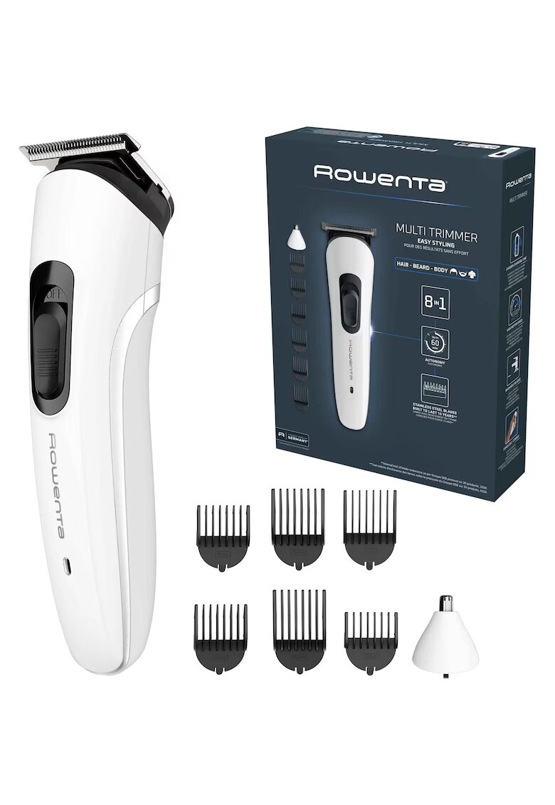 Rowenta Aparat de tuns multifunctional Trim & Style 8 in 1 - autonomie 60 min - 6 piepteni - 6500 RPM - setare precizie 3 mm - indicator LED baterie - lame lavabile si detasabile din inox - alb & negru