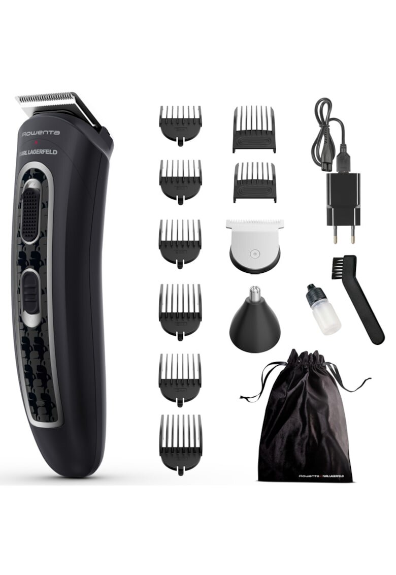Rowenta Aparat de tuns parul si barba x Karl Lagerfeld Trim & Style 12 in 1 - autonomie 120 min - capat pentru barba cu 2 piepteni - capat pentru par cu 6 piepteni - accesoriu nas&urechi - 6500 rpm - kit curatare&intretinere - husa - negru/rosu