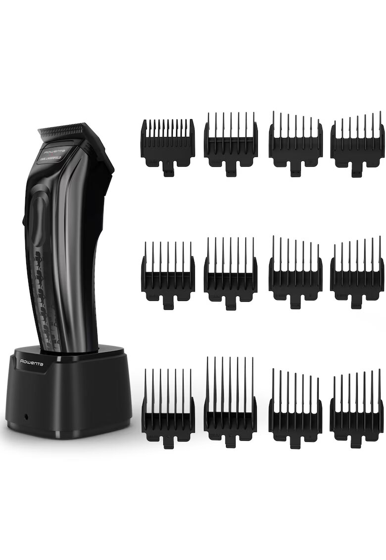 Rowenta Aparat de tuns x Karl Lagerfeld Barber Experience - 6500 rpm - autonomie 150 min - 6 piepteni ficsi 3-6 -9-12-18-25 mm - 6 piepteni fade stanga - dreapta - setare precizie 0.3mm - lame inox - indicator LED - baza de incarcare - negru & gri