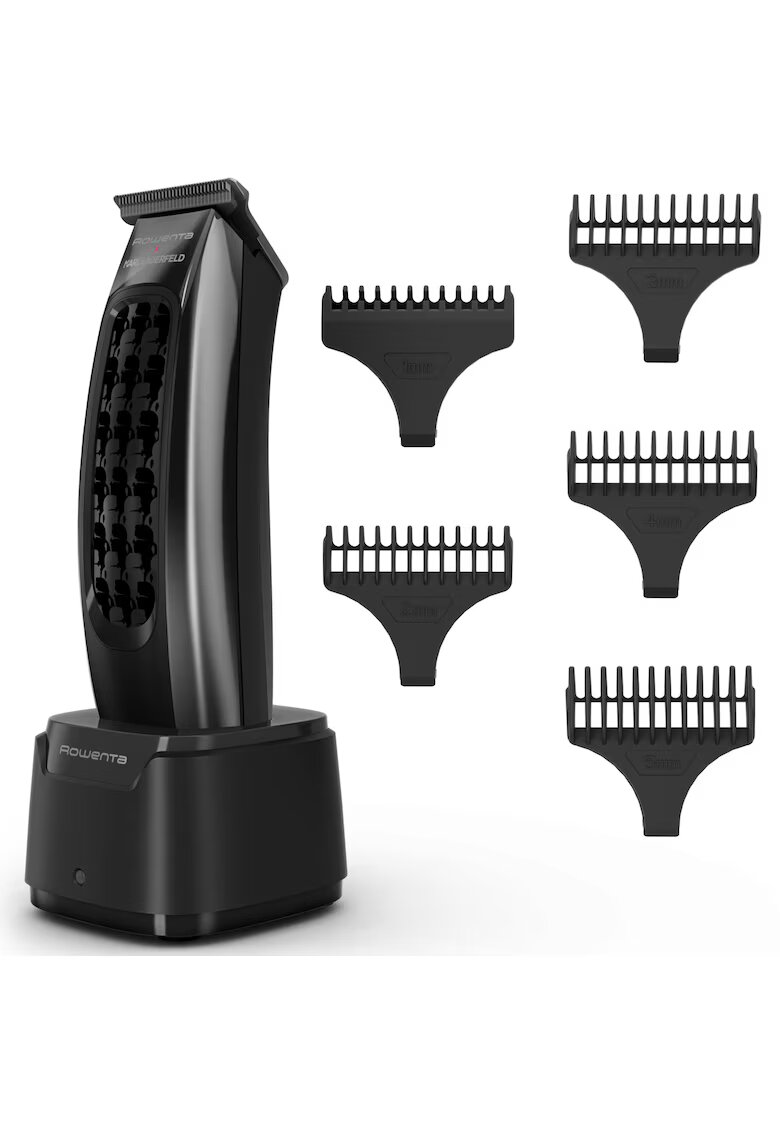 Rowenta Aparat de tuns x Karl Lagerfeld Barber Experience - 6500 rpm - autonomie 90 min - 5 piepteni ficsi de la 1 - 5 mm - lame inox - baza de incarcare - indicator LED - incarcare rapida - negru & gri