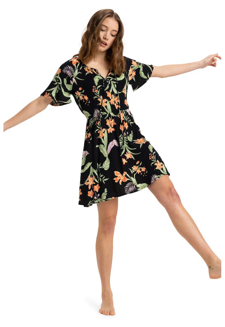 Roxy Rochie scurta cu croiala in A si model floral - Verde/Negru/Portocaliu