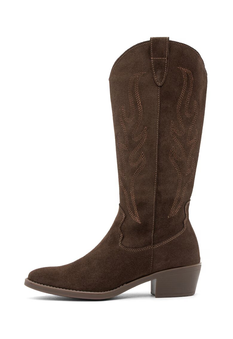 RYLKO Cizme mid-calf cowboy din piele intoarsa Leyla - Maro inchis
