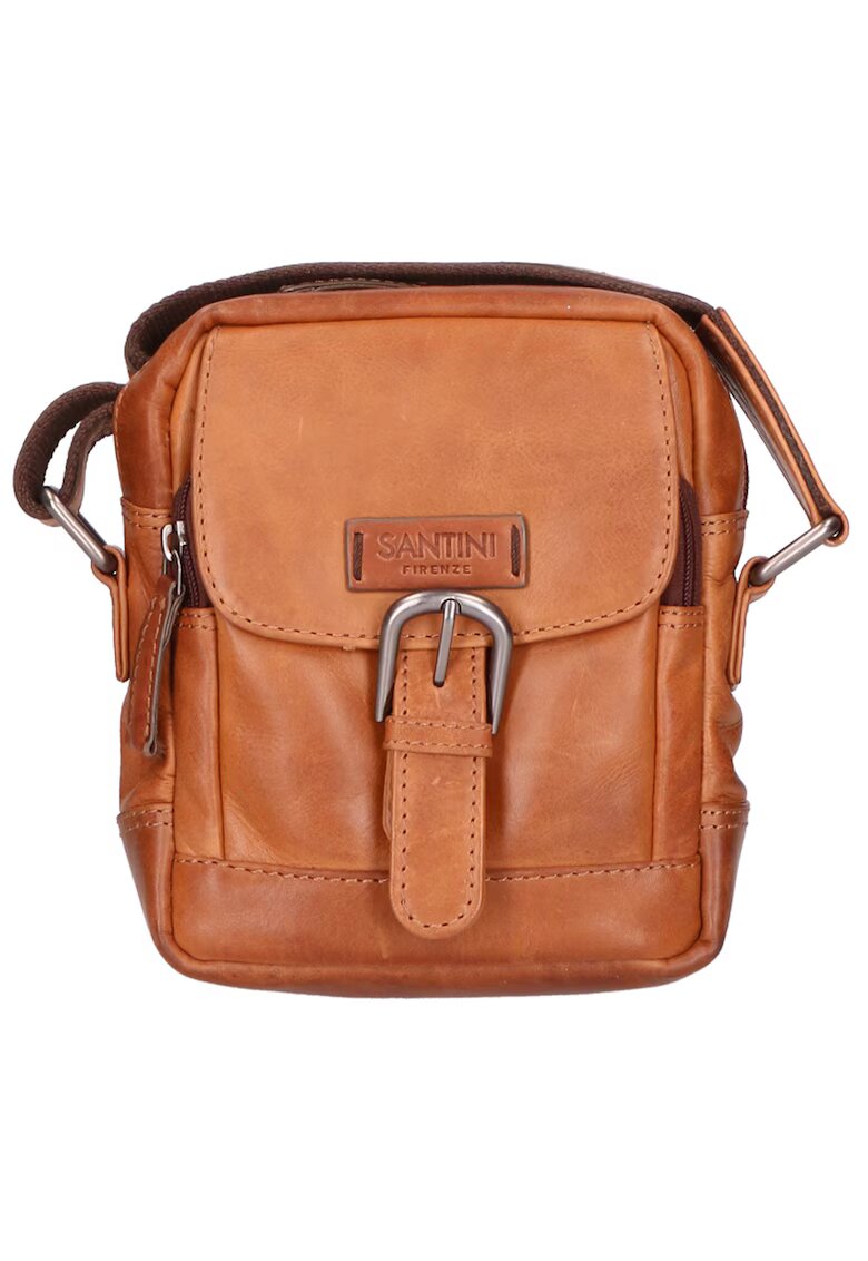 Santini Firenze Geanta crossbody unisex de piele cu bareta ajustabila - Maro cognac