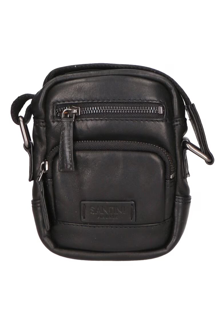 Santini Firenze Geanta crossbody unisex de piele cu buzunare multiple - Negru