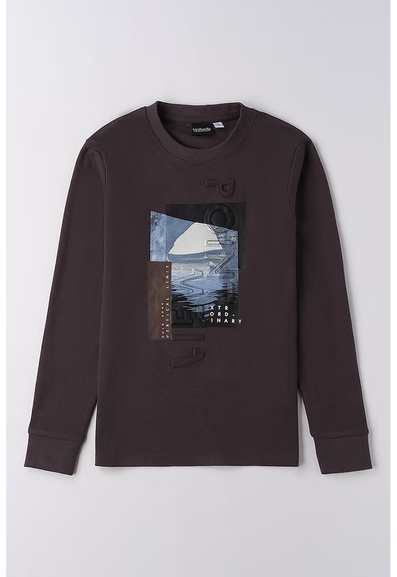 Sarabanda Bluza de bumbac cu imprimeu grafic si decolteu la baza gatului - Alb/Maro cognac/Albastru lavanda