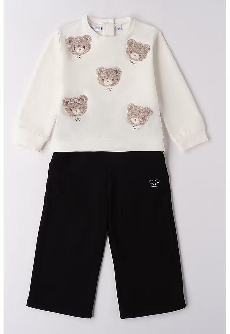 Sarabanda Set de bluza de trening si pantaloni cu aplicatii urs - Alb fildes/Negru/Maro taupe deschis
