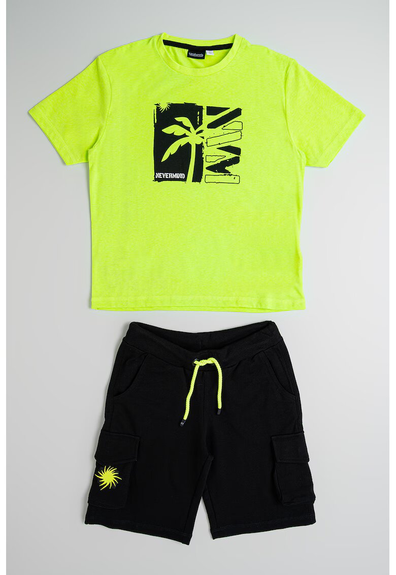 Sarabanda Set de pantaloni scurti si tricou cu imprimeu - 2 piese - Negru/Verde electric