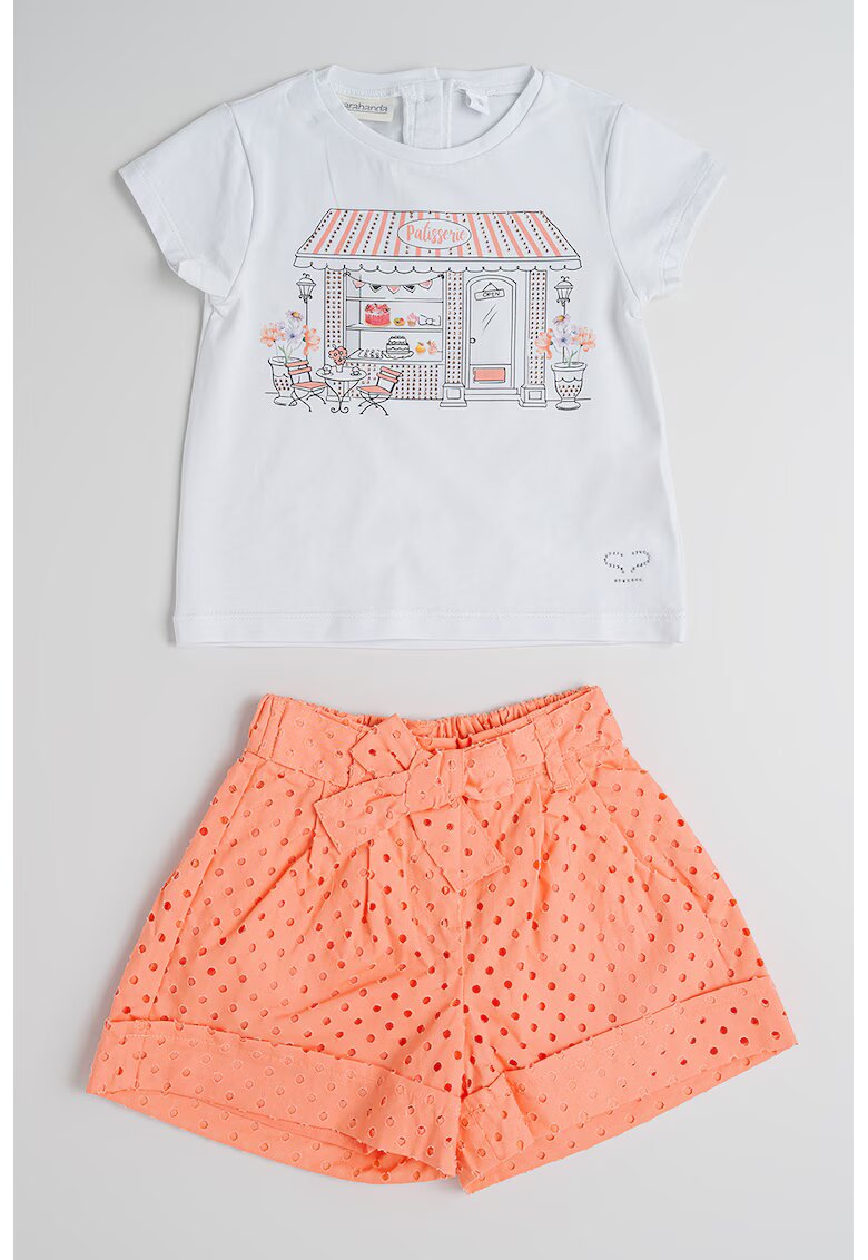 Sarabanda Set de tricou si pantaloni scurti din amestec de bumbac - 2 piese - Alb/Coral