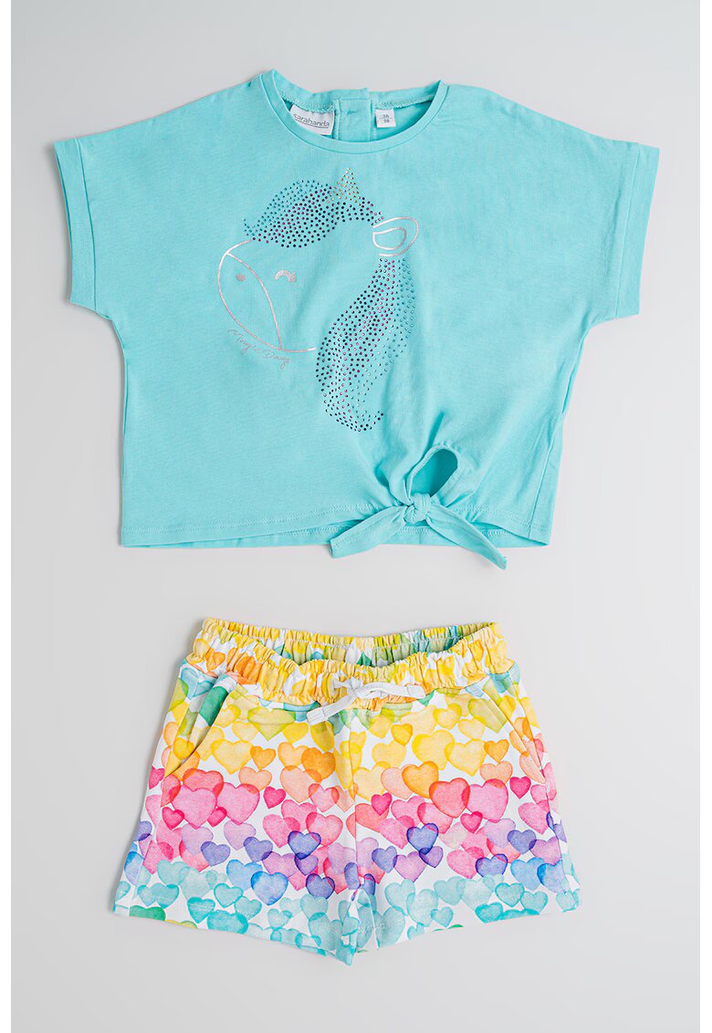 Sarabanda Set de tricou si pantaloni scurti din bumbac - 2 piese - Roz/Albastru/Verde menta