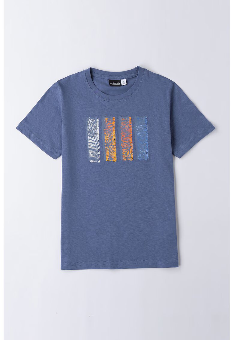 Sarabanda Tricou cu imprimeu grafic si decolteu la baza gatului - Albastru inchis/Portocaliu pal/Alb murdar