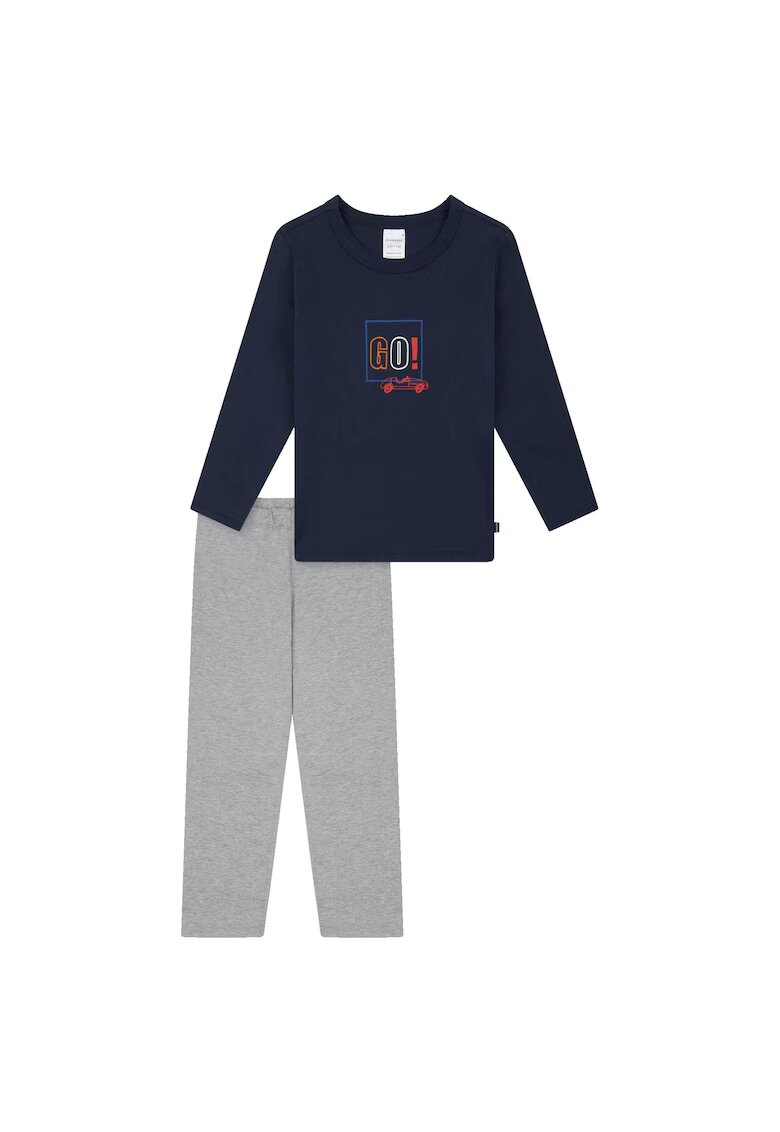 SCHIESSER Pijama cu pantaloni lungi din bumbac cu imprimeu - Gri/Albastru