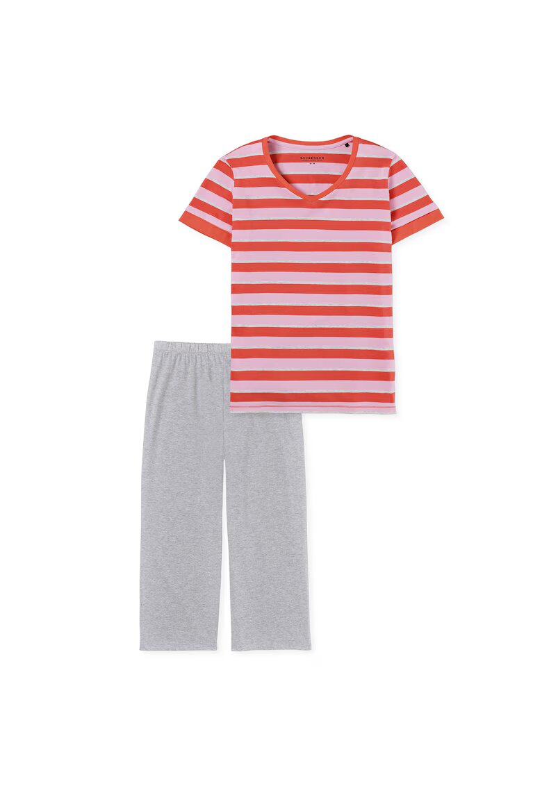 SCHIESSER Pijama de bumbac cu pantaloni trei sferturi - Rosu/Gri/Roz