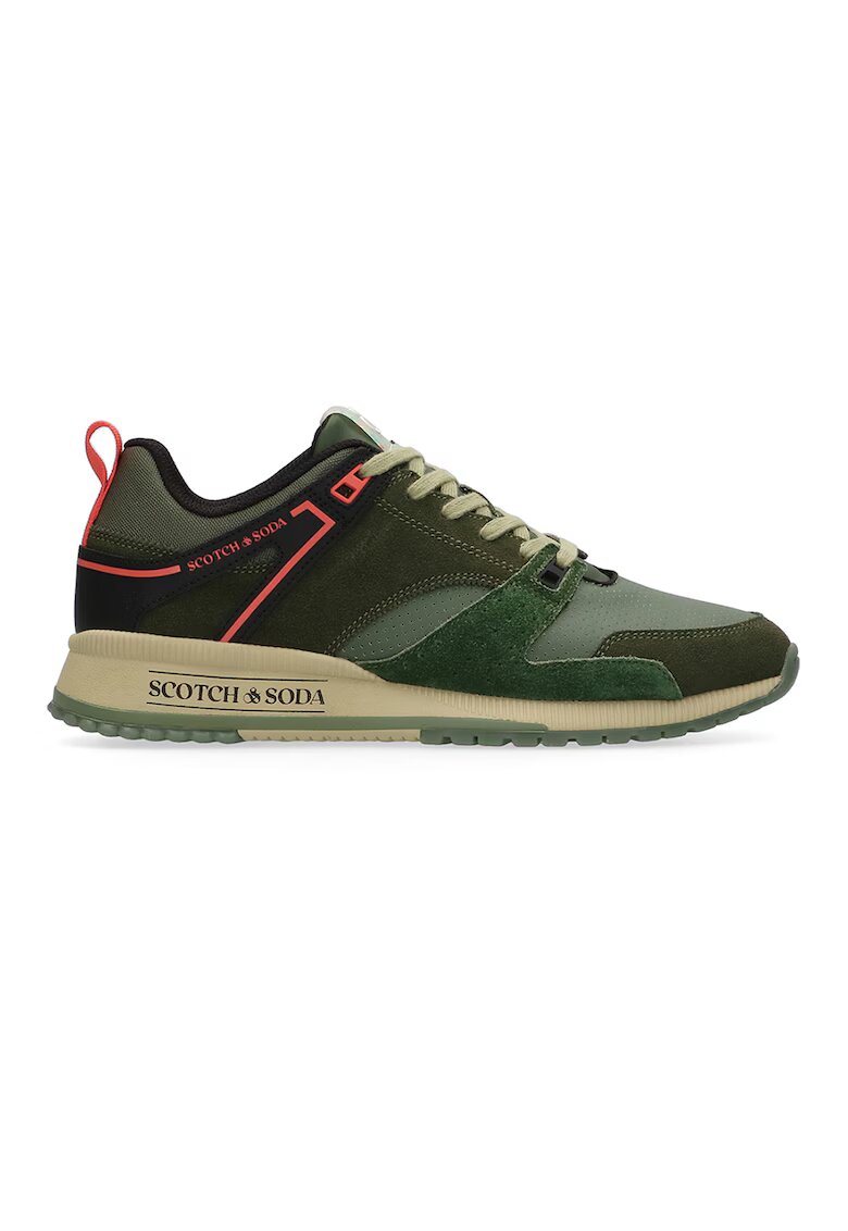 Scotch  Soda Pantofi sport de piele si piele intoarsa cu garnituri de plasa - Coral/Kaki/Verde sparanghel