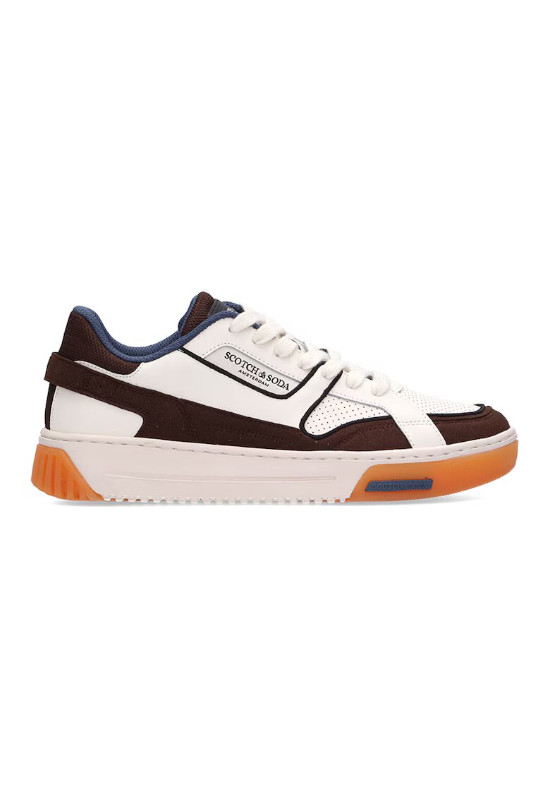 Scotch  Soda Pantofi sport low-cut de piele si piele intoarsa cu insertii de plasa - Maro inchis/Alb murdar