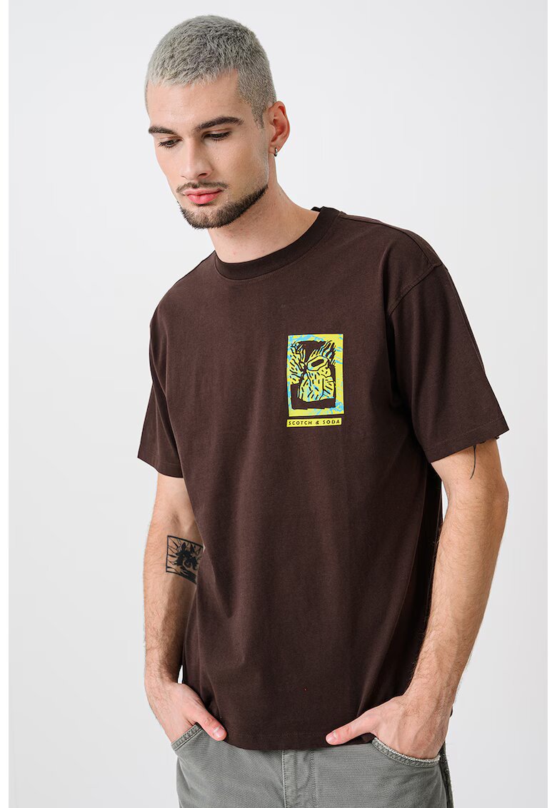 Scotch & Soda Tricou de bumbac cu design grafic - Maro inchis/Turcoaz