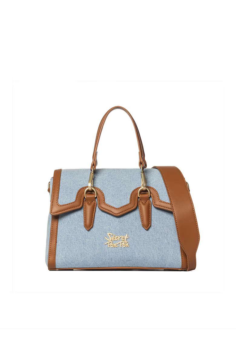  SECRET PON PON. - Geanta crossbody din denim cu garnituri din piele ecologica Valoria Chic - Maro cognac/Bleumarin