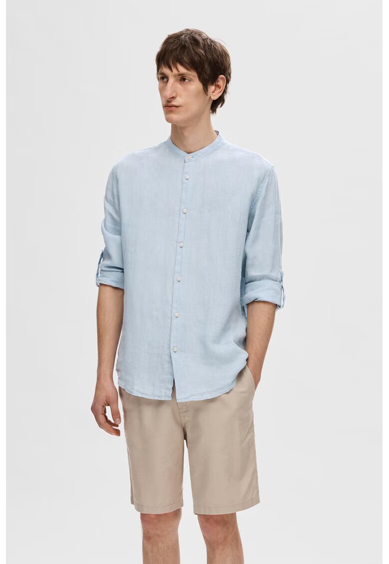 Selected Homme Camasa din in cu guler Mao - Albastru azur