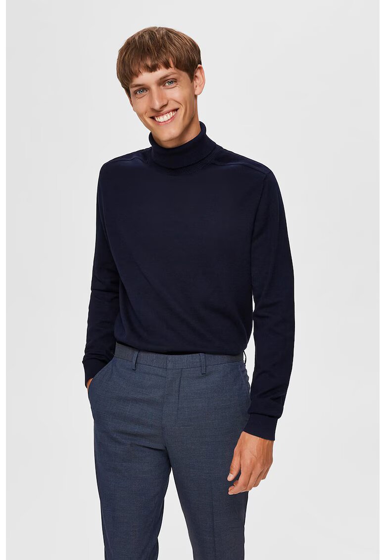 Selected Homme Pulover de bumbac cu guler inalt - Bleumarin