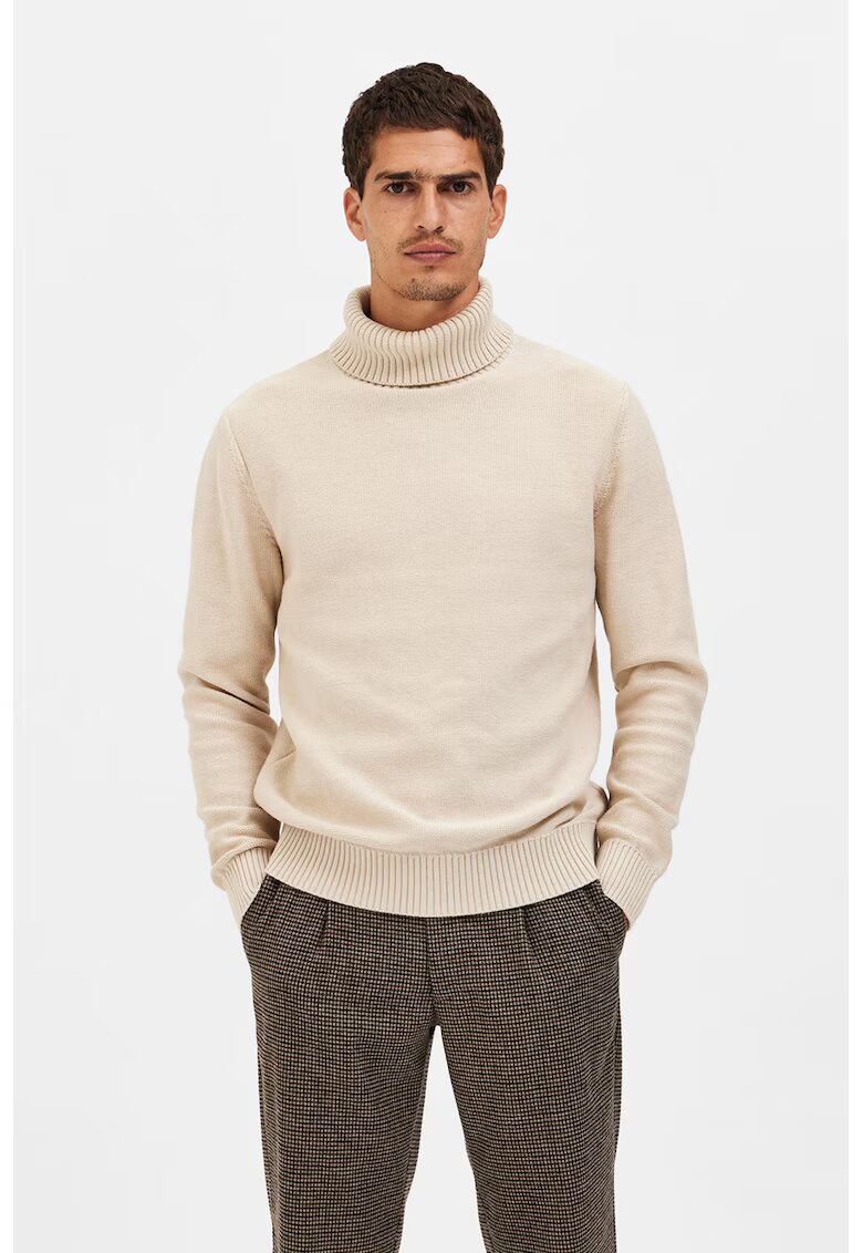 Selected Homme Pulover din amestec de bumbac organic cu guler inalt - Maro nisip