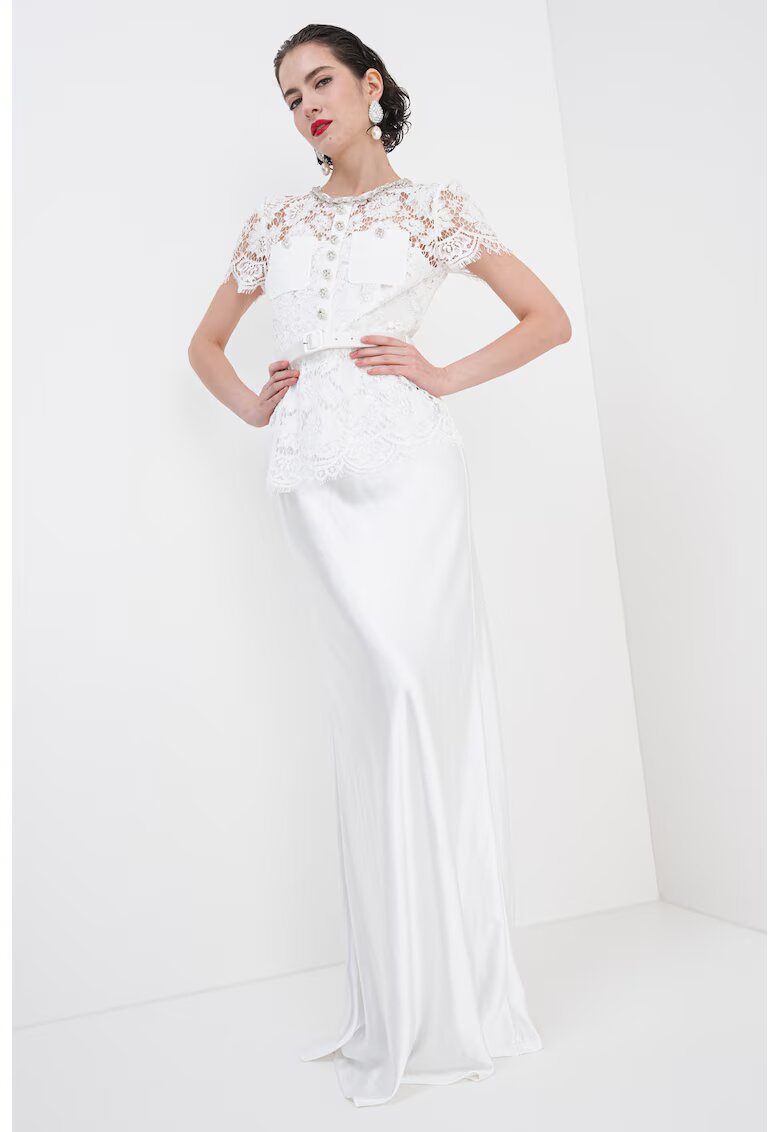 SELF-PORTRAIT Rochie lunga cu model 2in1 si dantela florala - Alb optic/Transparent