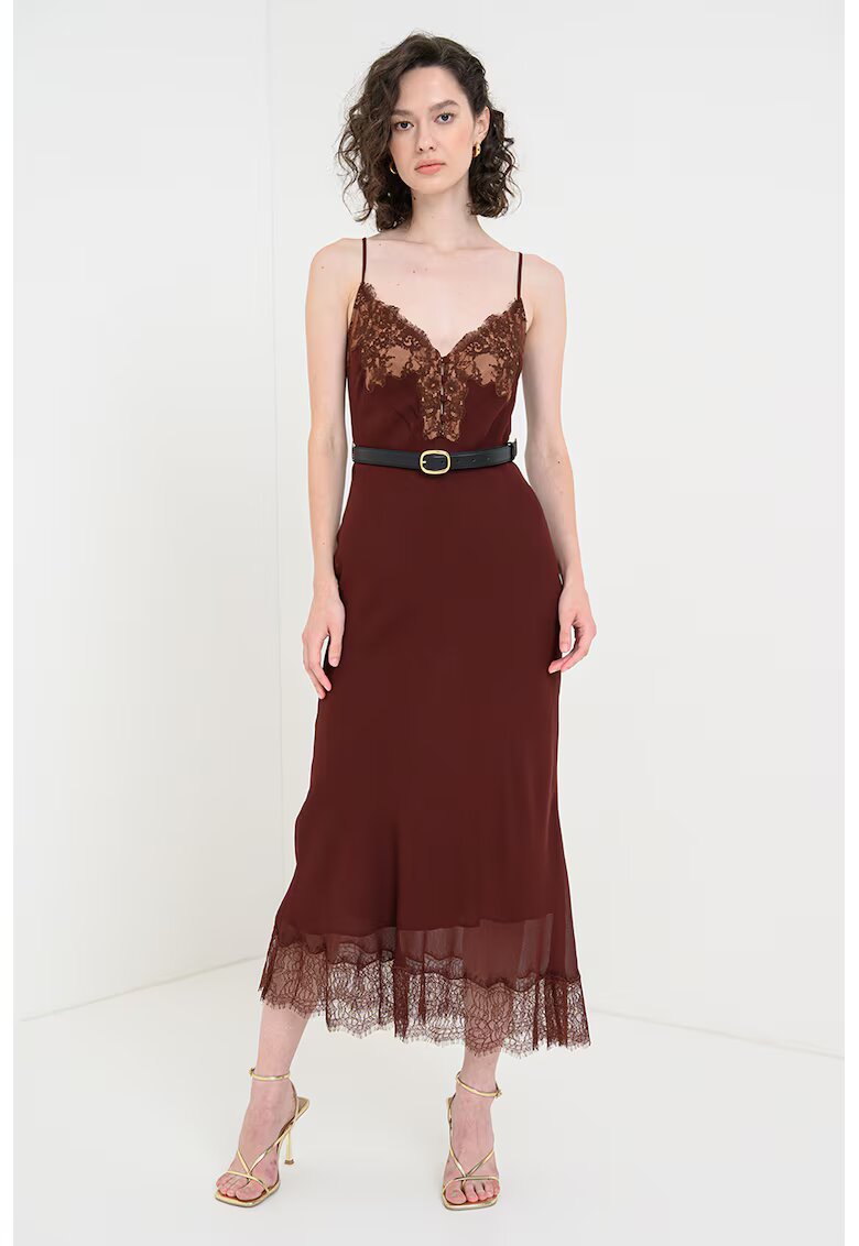 SELF-PORTRAIT Rochie midi cu croiala pe bie si detalii de dantela - Maro inchis