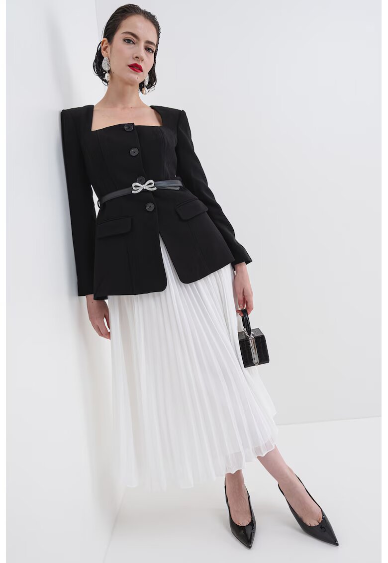 SELF-PORTRAIT Rochie midi cu model 2in1 si curea - Negru/Alb murdar