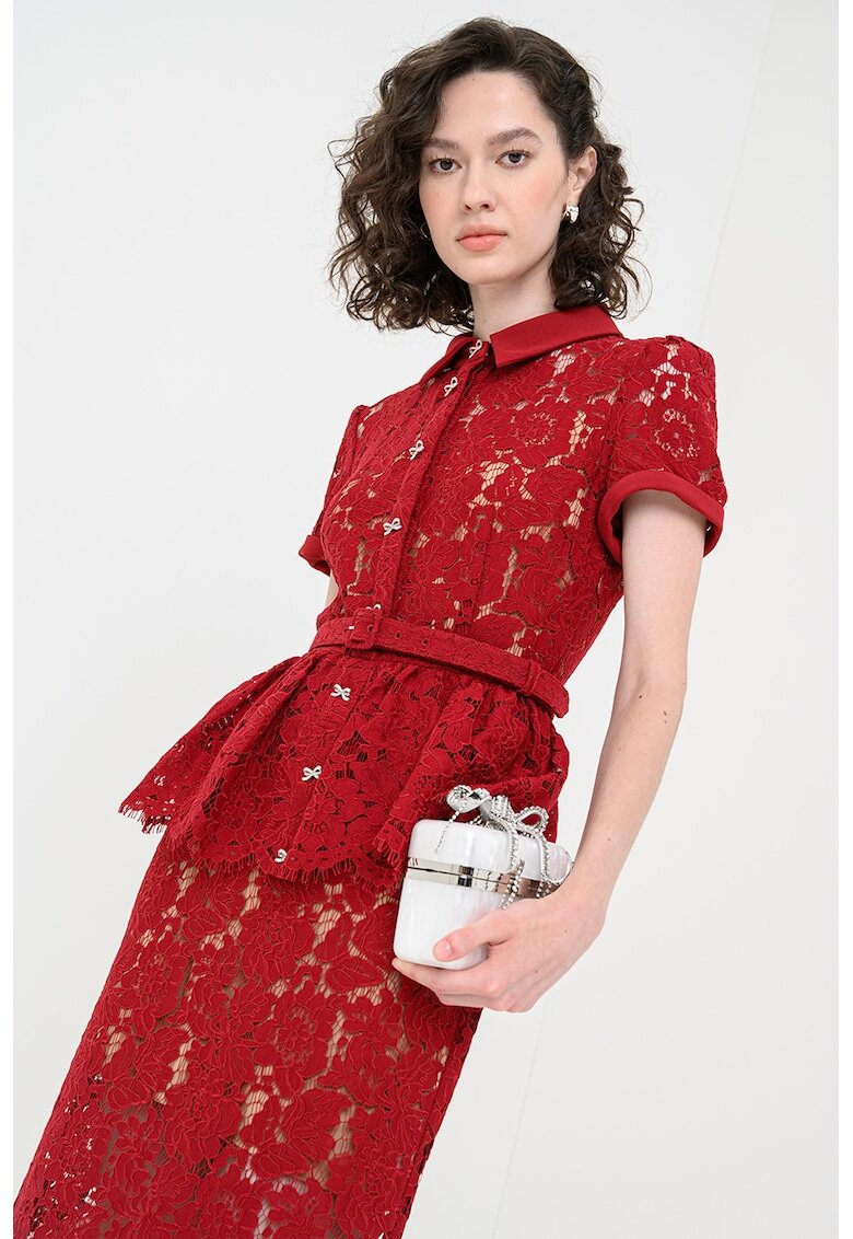 SELF-PORTRAIT Rochie midi din dantela cu detaliu volane - Visiniu