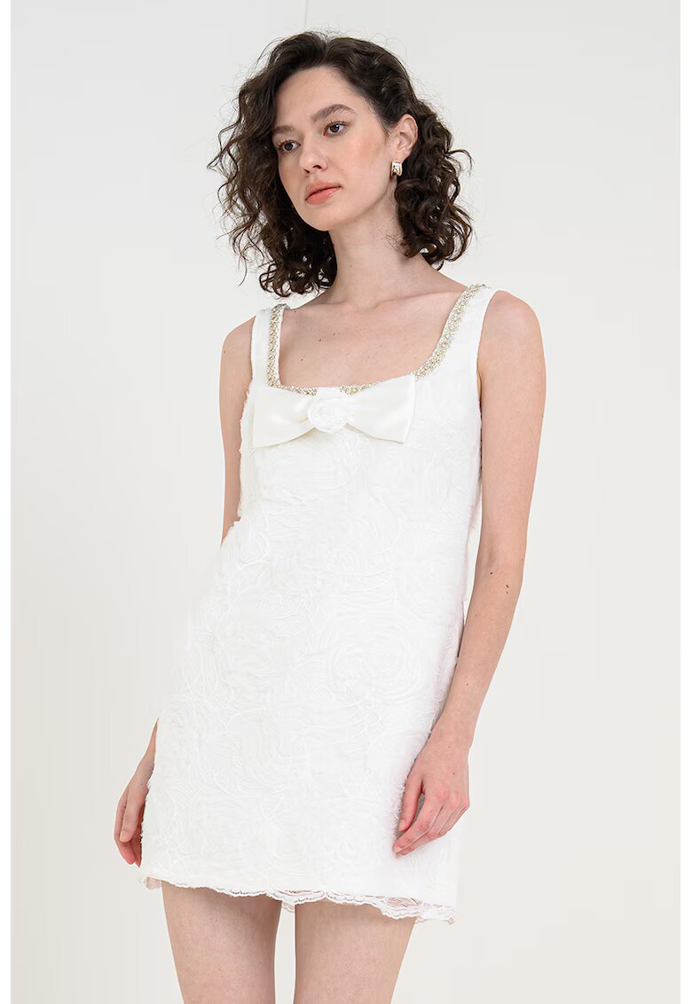 SELF-PORTRAIT Rochie mini cu detalii brodate cu aplicatie cu funda - Alb murdar