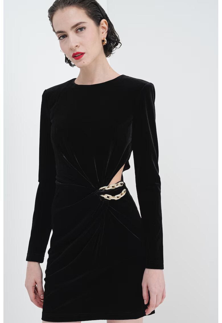 SELF-PORTRAIT Rochie mini de catifea cu decupaj si lant decorativ - Negru