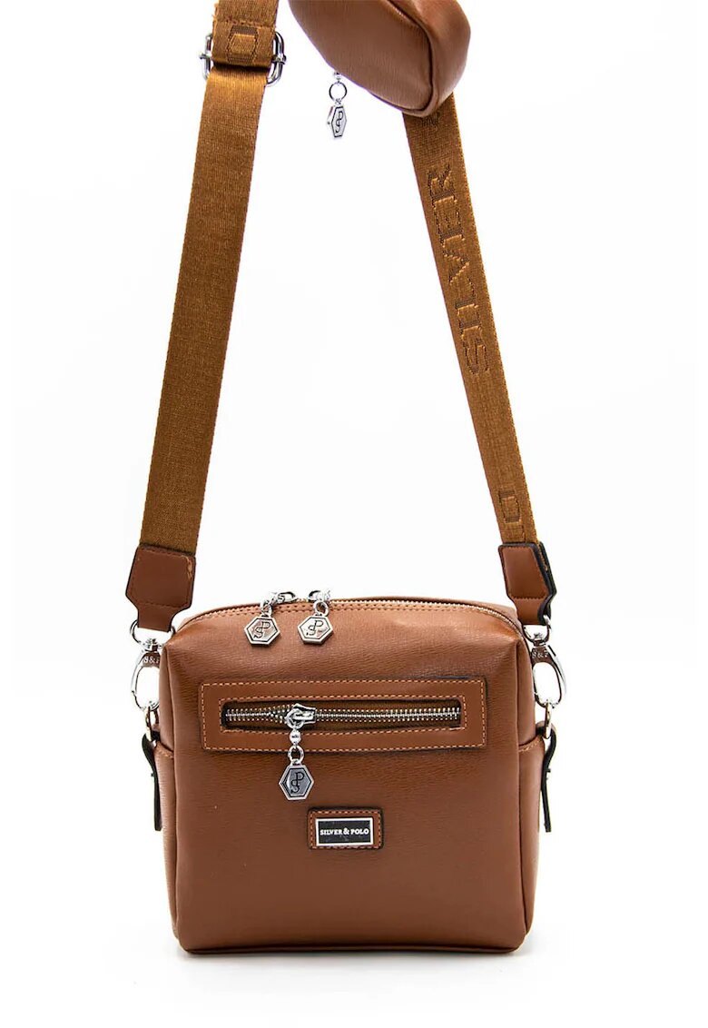 SilverPolo Geanta crossbody de piele ecologica cu etui detasabil - Caramel