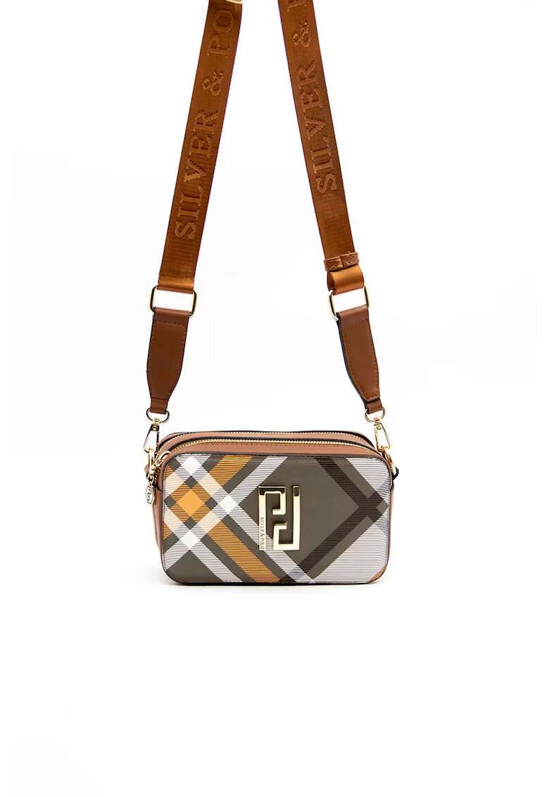 SilverPolo Geanta crossbody de piele ecologica cu logo metalic - Alb/Maro scortisoara/Kaki