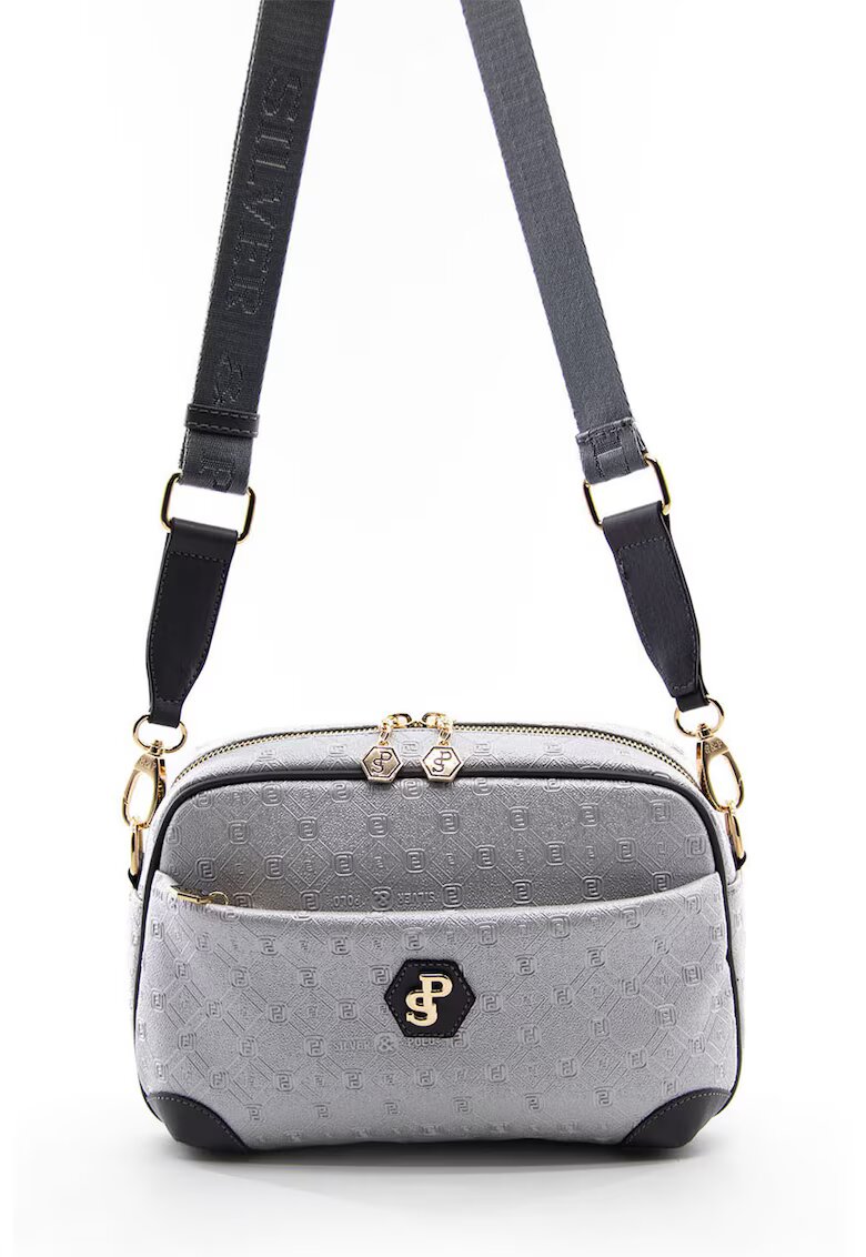SilverPolo Geanta crossbody de piele ecologica cu model logo - Gri antracit/Argintiu