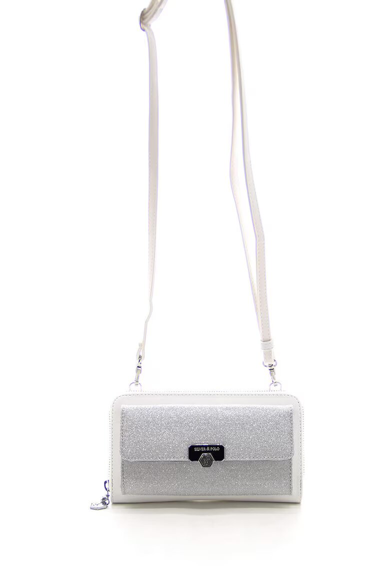 SilverPolo Geanta crossbody din piele ecologica cu aspect stralucitor - Alb/Argintiu