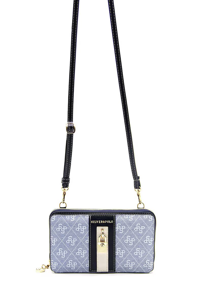 SilverPolo Geanta crossbody din piele ecologica cu monograma - Negru/Albastru deschis