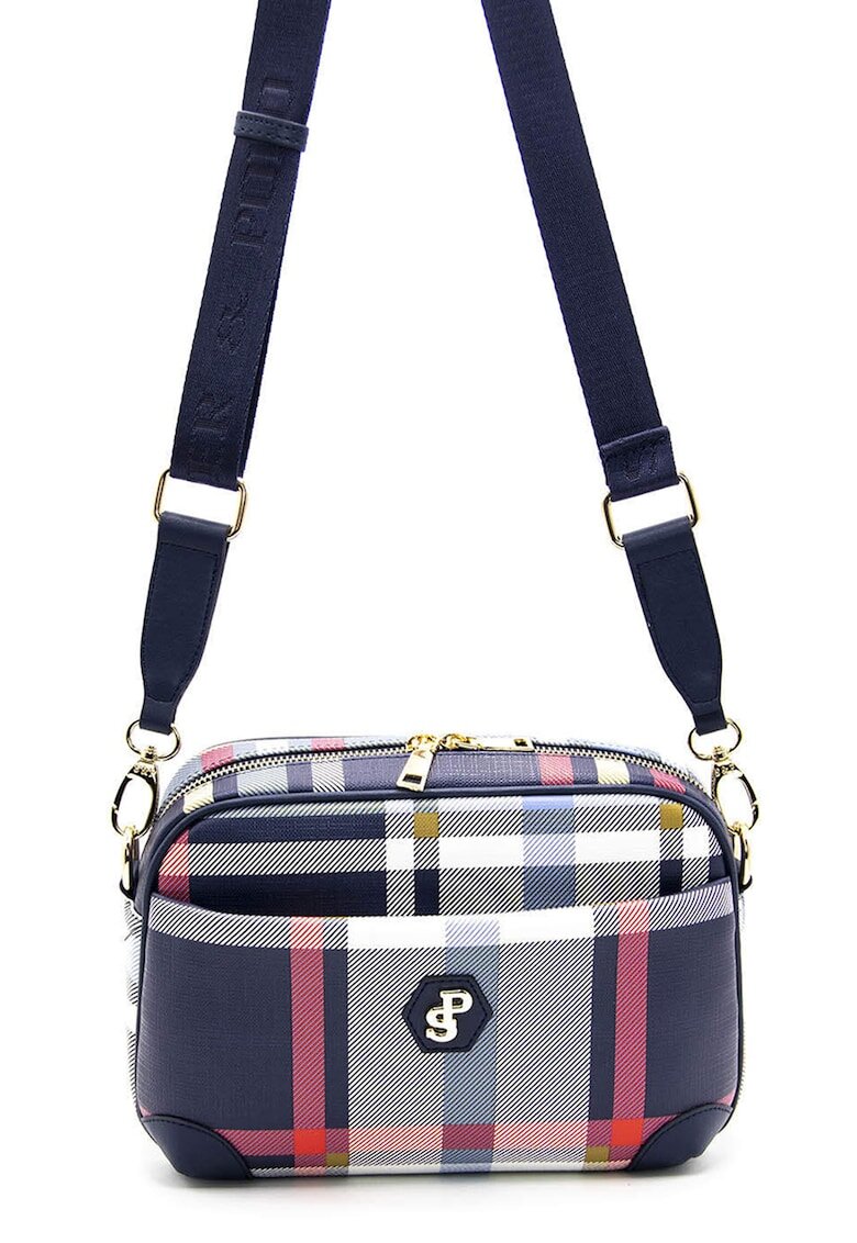SilverPolo Geanta crossbody in carouri - Alb/Bleumarin