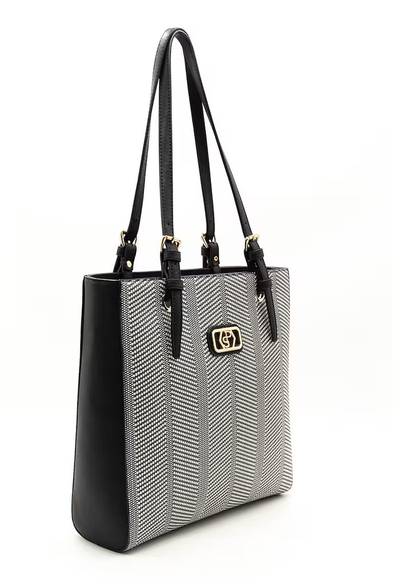 SilverPolo Geanta de piele ecologica si material textil - Diverse culori - Alb/Negru - 32 x 30 x 10 cm