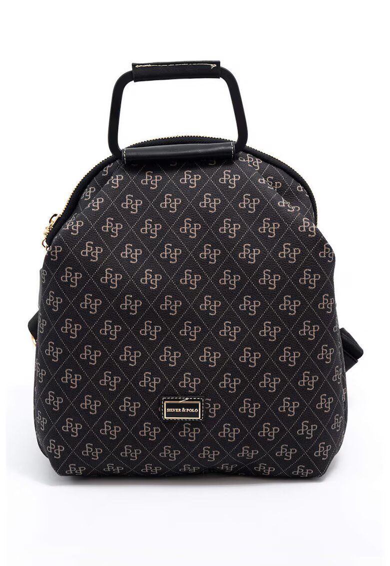 SilverPolo Rucsac cu model monograma - Negru stins/Bej deschis