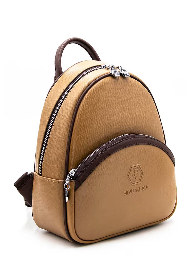 SilverPolo Rucsac de piele ecologica cu buzunar exterior - Caramel
