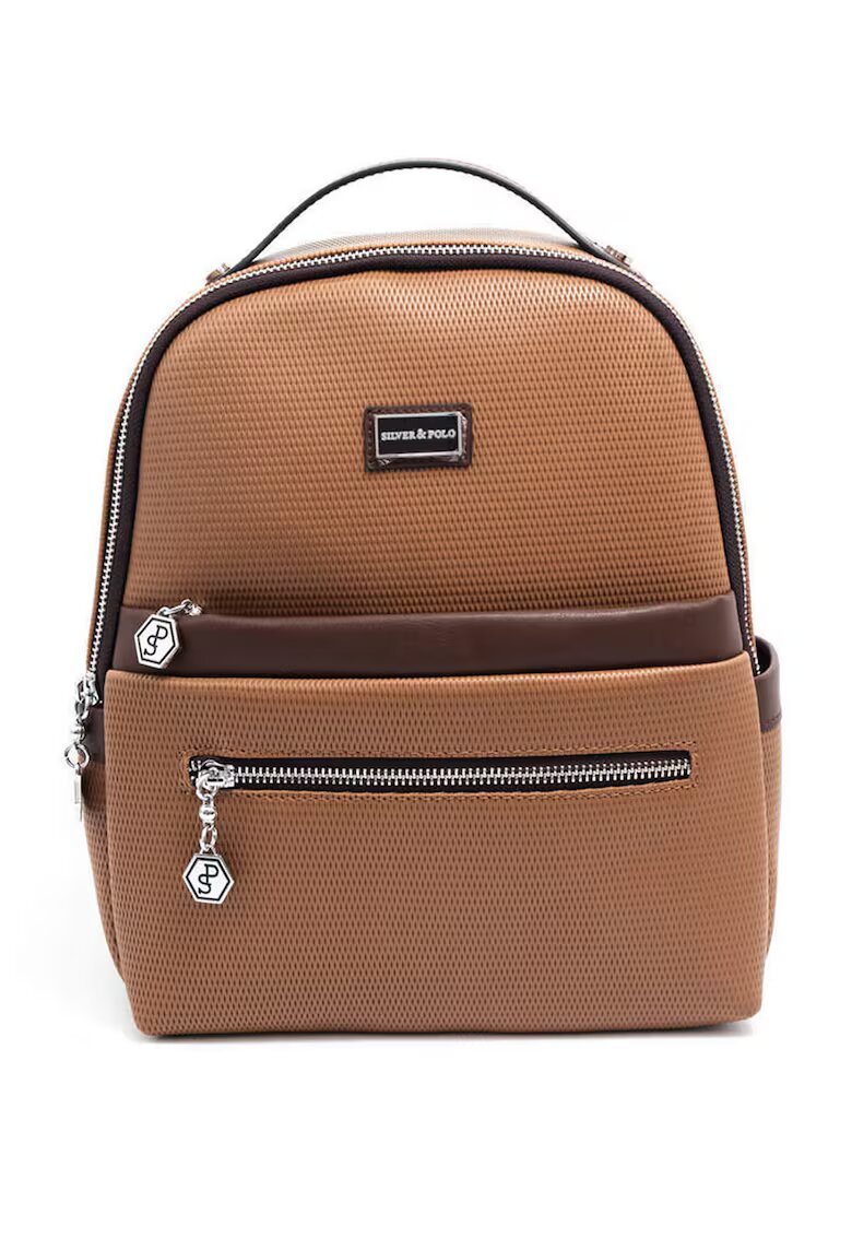 SilverPolo Rucsac din piele ecologica cu buzunare cu fermoar - Caramel