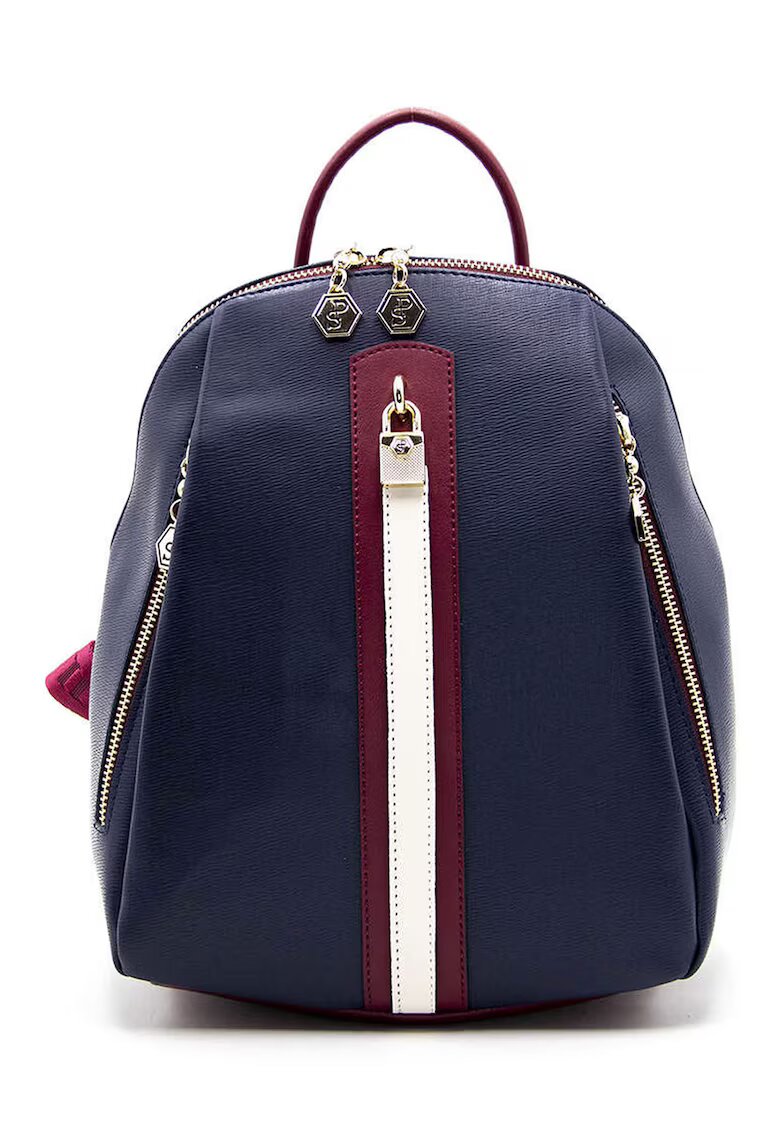 SilverPolo Rucsac din piele ecologica cu buzunare multiple - Rosu inchis/Bleumarin