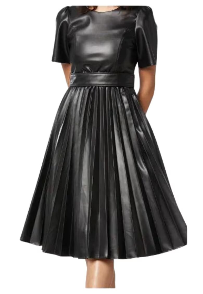 Sinequanone Rochie dama neagra - imitatie de piele - cu curea si nasturi - plisata -