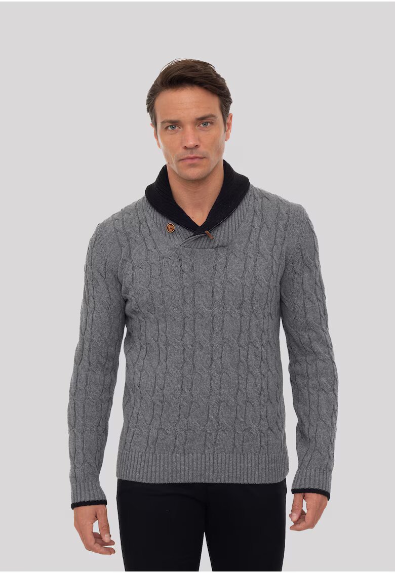 Sir Raymond Tailor Pulover cu model torsade si guler sal - Gri melange