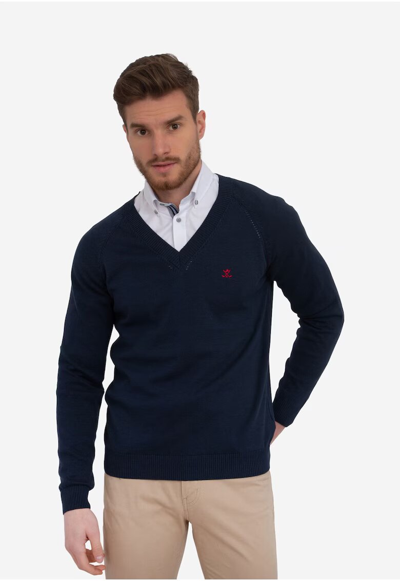 Sir Raymond Tailor Pulover tricotat fin cu decolteu in V - Albastru ultramarin