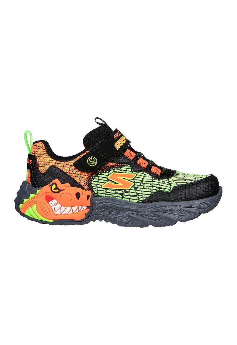 Skechers Pantofi sport cu LED-uri cu tematica dinozaur - Negru/Portocaliu/Verde lime