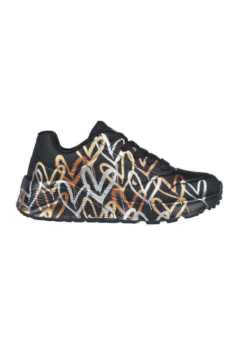 Skechers Pantofi sport de piele ecologica cu imprimeu cu inimi Street - Auriu/Negru/Argintiu