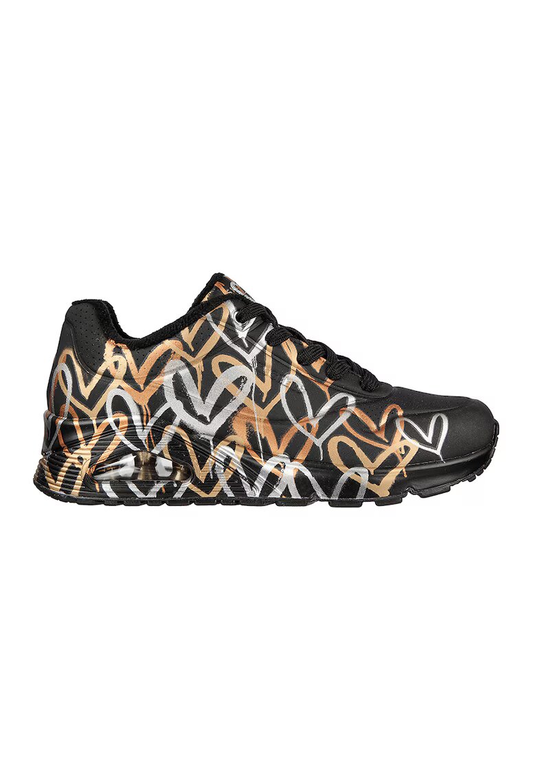 Skechers Pantofi sport de piele ecologica Uno-Metallic Love - Auriu/Negru/Argintiu