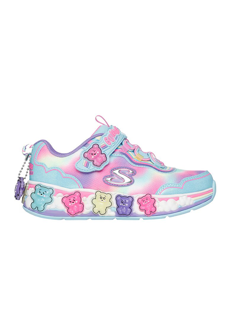 Skechers Pantofi sport Gummy Friends cu velcro si talisman detasabil - Turcoaz/Roz pastel/Alb optic
